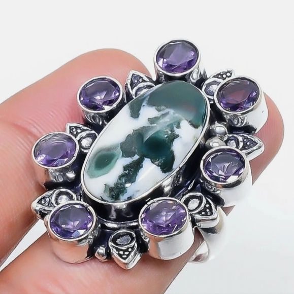 New Tree Agate and Amethyst 925 Silver Statement Ring. - Picture 16 of 16